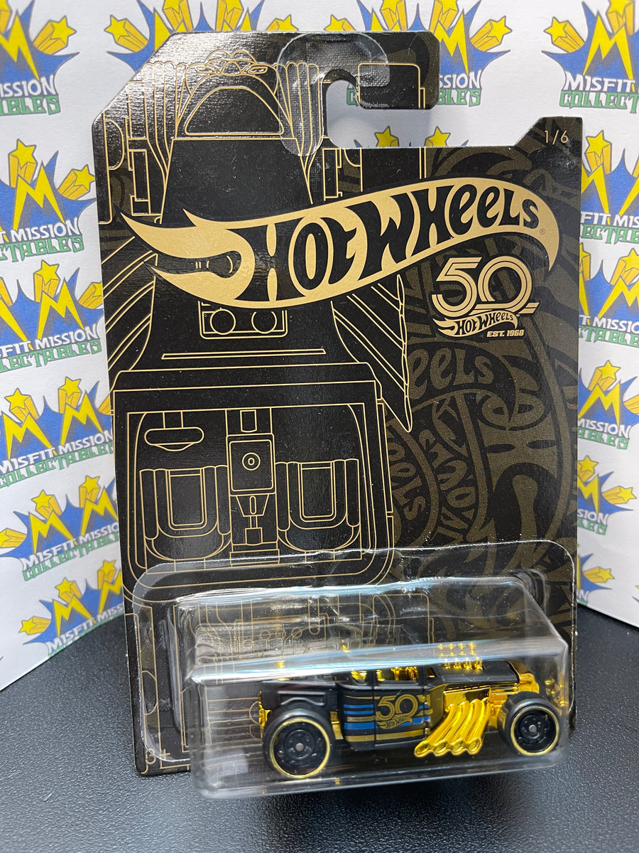 2017 Hot Wheels 50th Anniversary Black and Gold Bone Shaker Car New The Misfit Mission Collectables