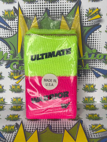 Rare Vintage 1988 WWF/WWE Ultimate Warrior Wrist Bands Neon Green and Neon Pink Set of 4 Sealed (New)